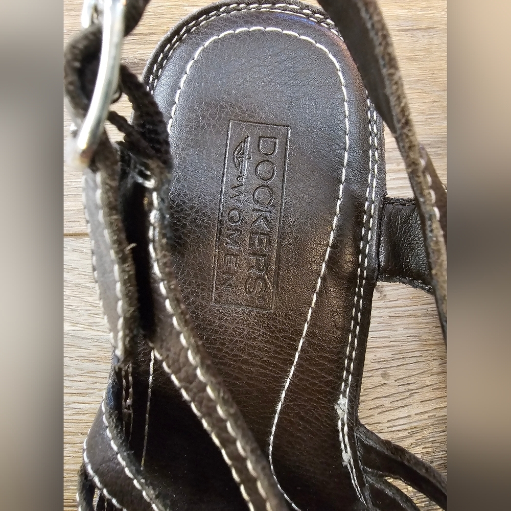 Dockers Womens Size 6M Brown Leather Sandals Wedge Heels Shoes White Stitch - Picture 9 of 10